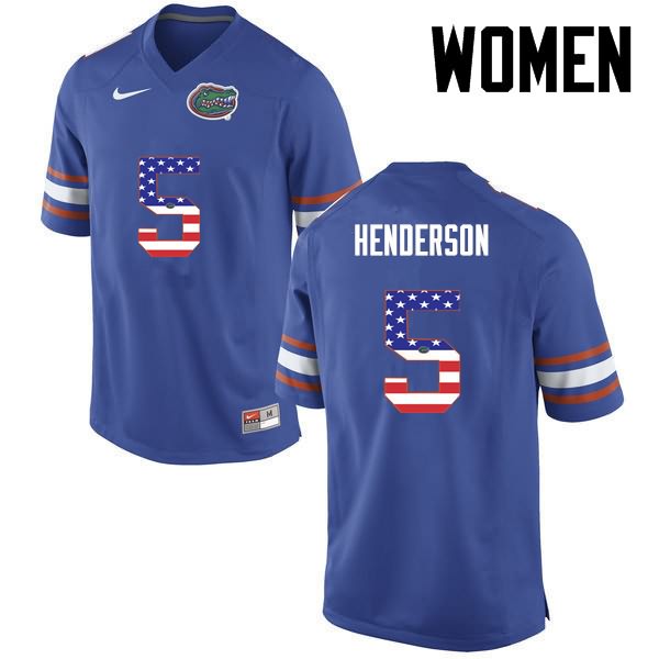 Women's NCAA Florida Gators CJ Henderson #5 Stitched Authentic USA Flag Fashion Nike Blue College Football Jersey OME6565PX